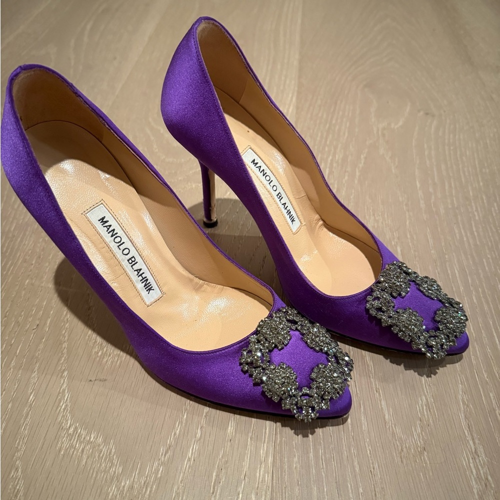 Manolo Blahnik Violet Satin Pumps with Crystal Accents